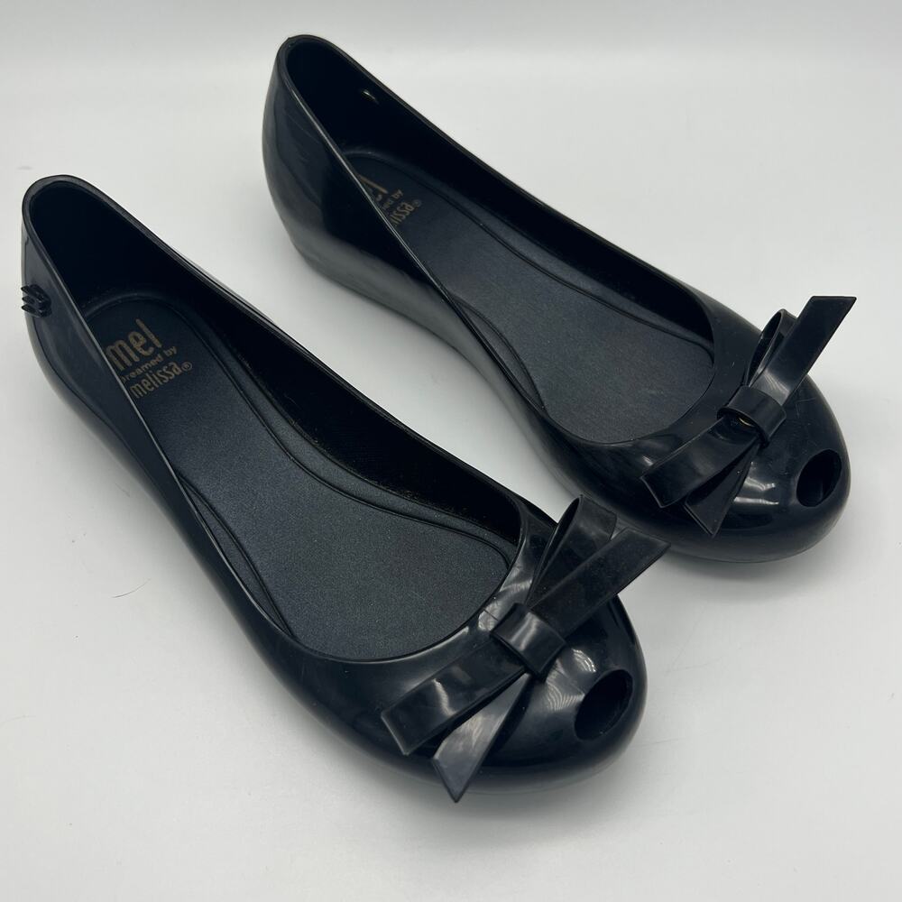 Mel Melissa Ultragirl Bow Ballet Flats Peep Toe Jelly Girls Size 2 Black Dressy
